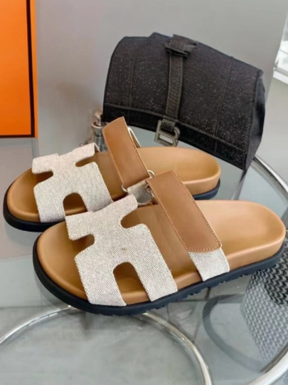 Шлепанцы для женщин и девочек, HERMES кожанные — LBA-ШЛЕПКИ-БЕЖЕВ-37