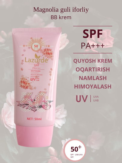Quyoshdan himoyalovchi krem, lazurde, SPF 50+, PA+++, oqartiradi, namlaydi, himoya qiladi, BB-krem - 