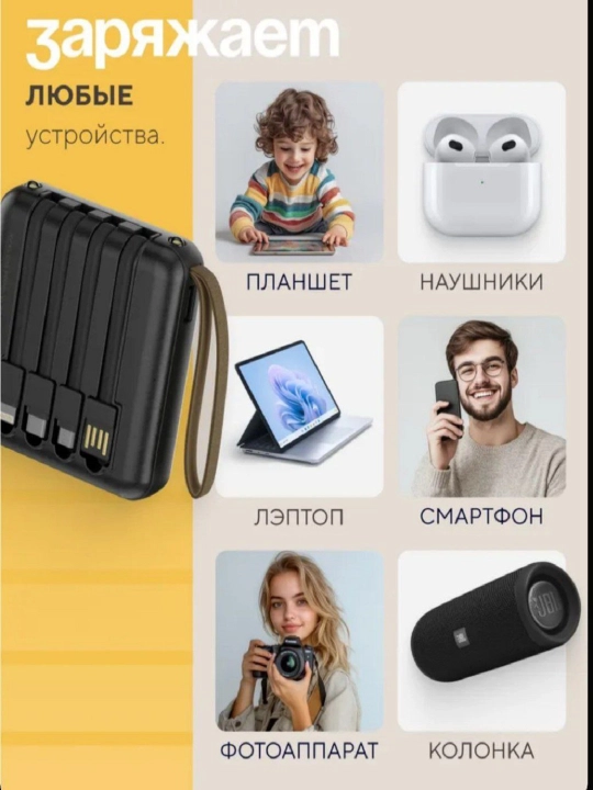 LED chiroqlar va o‘rnatilgan kabellarga ega kuchli Power Bank