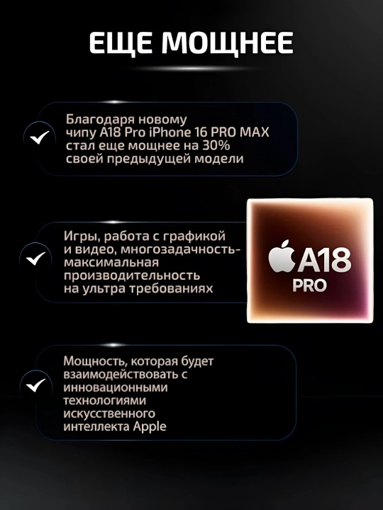 Смартфон iPhone 16 Pro Max, 256GB/512GB/1TB, 1-SIM / еSIM, стекло и чехол в подарок,черный