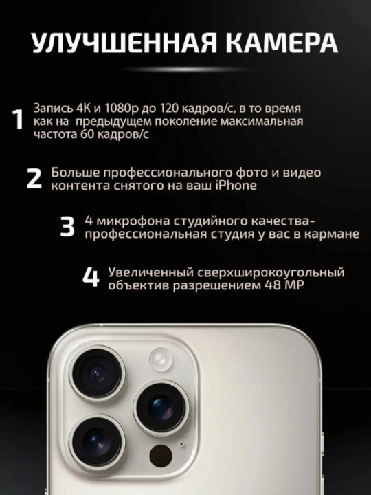 Смартфон iPhone 16 Pro Max, 256GB/512GB/1TB, 1-SIM / еSIM, стекло и чехол в подарок,черный