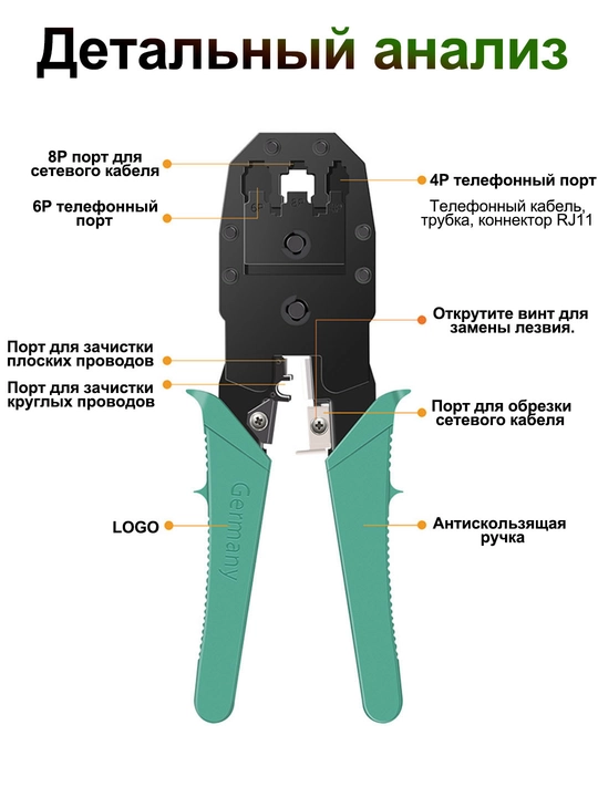 Обжимной инструмент, 3 в 1, для кабеля RJ-45/RJ-12/RJ-11