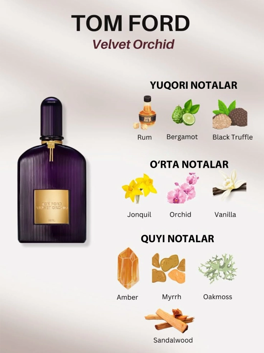 Parfyumlangan suv erkaklar va ayollar uchun Toom Ford Velvit Orchide, 3 ml, 5 ml, 10 ml 100 ml