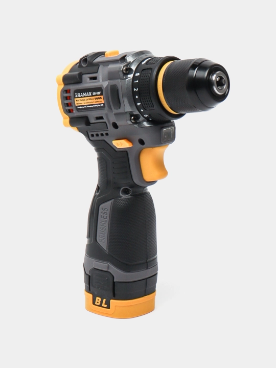 Shurup buragich professional ERAMAX, cho'tkasiz motor, 10 mm, akkumulyatorli, 2 dona