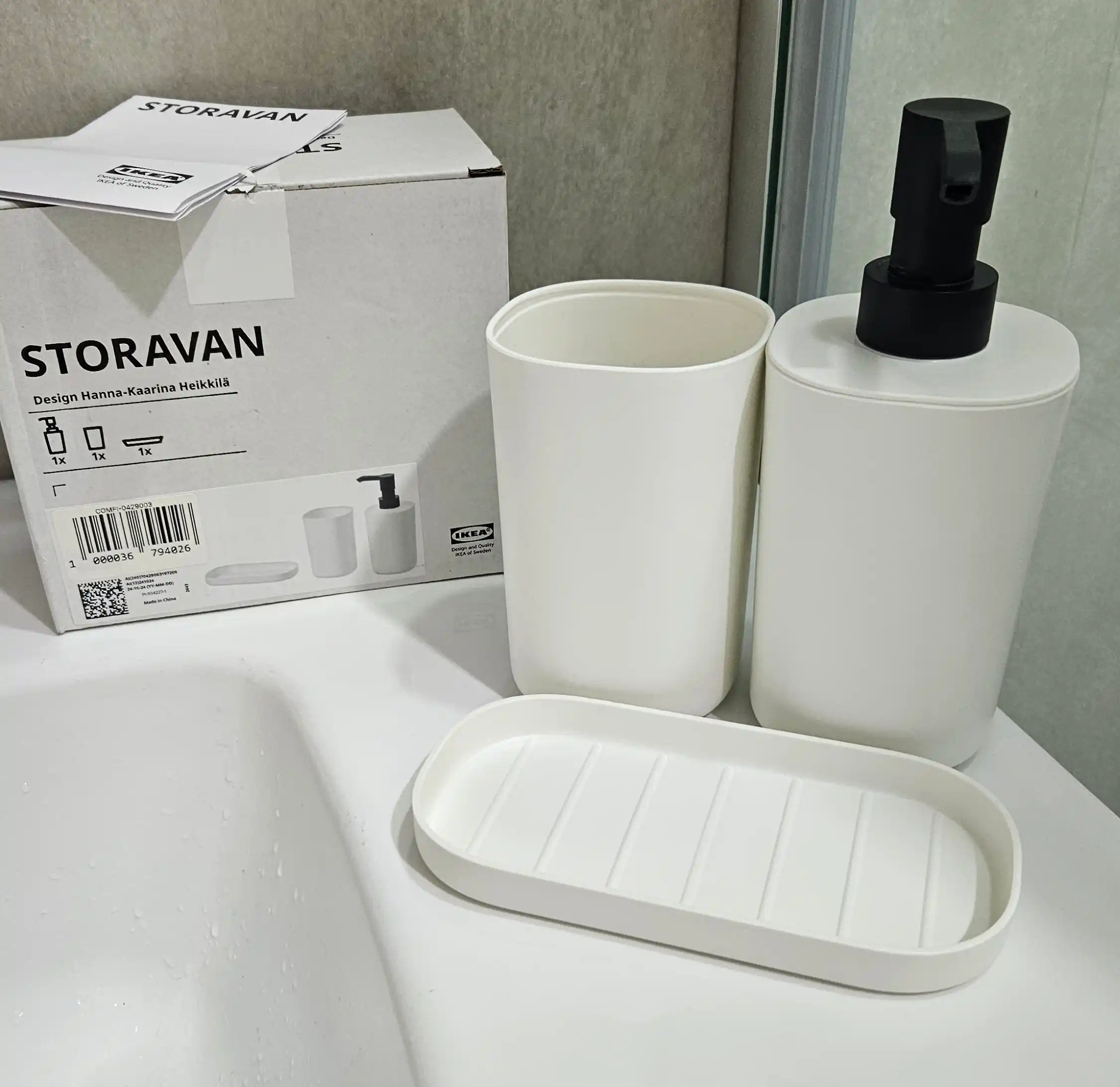 Набор аксессуаров для ванной IKEA STORAVAN, 3 предмета: мыльница, стакан, дозатор, белый
