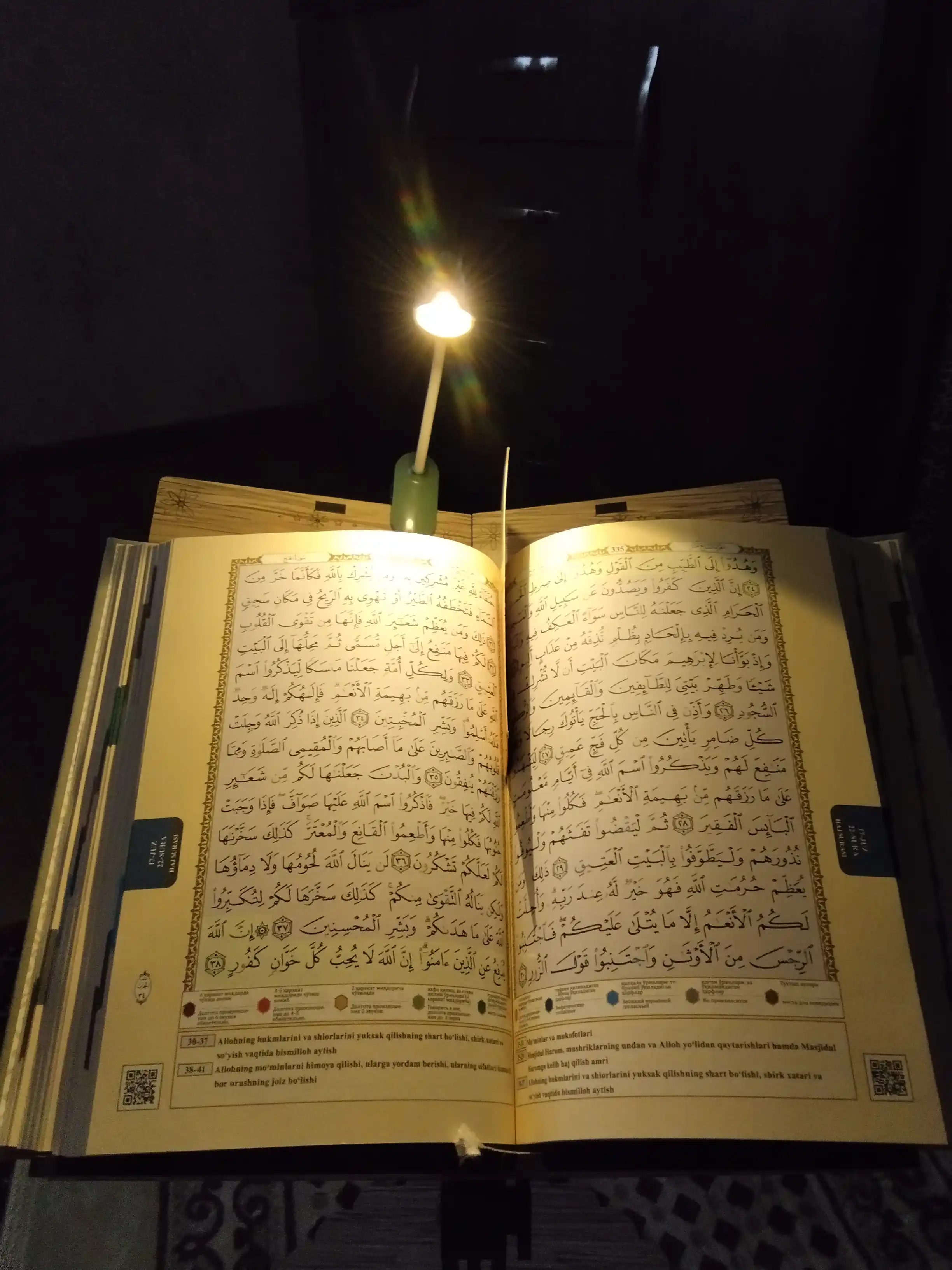 Kitob o‘qish uchun yorug‘lik diodli lampa, stol ustida, qisqichda