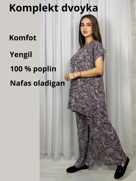 Ayollar kostyumi, oversize, tunika va shim, o‘lchami 46-52