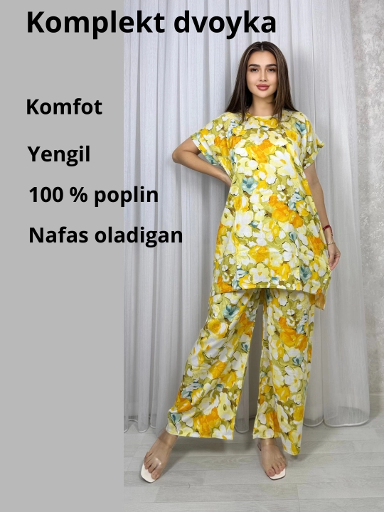 Ayollar kostyumi, oversize, tunika va shim, o‘lchami 46-52