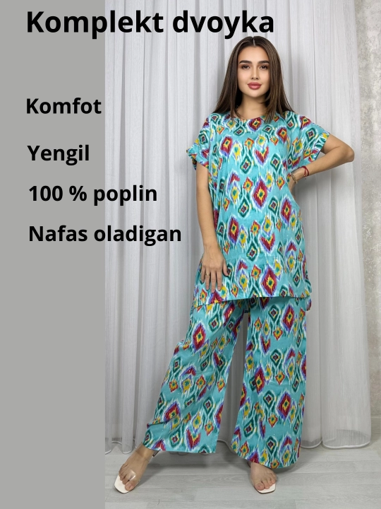 Ayollar kostyumi, oversize, tunika va shim, o‘lchami 46-52