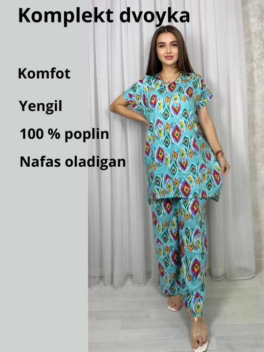 Ayollar kostyumi, oversize, tunika va shim, o‘lchami 46-52