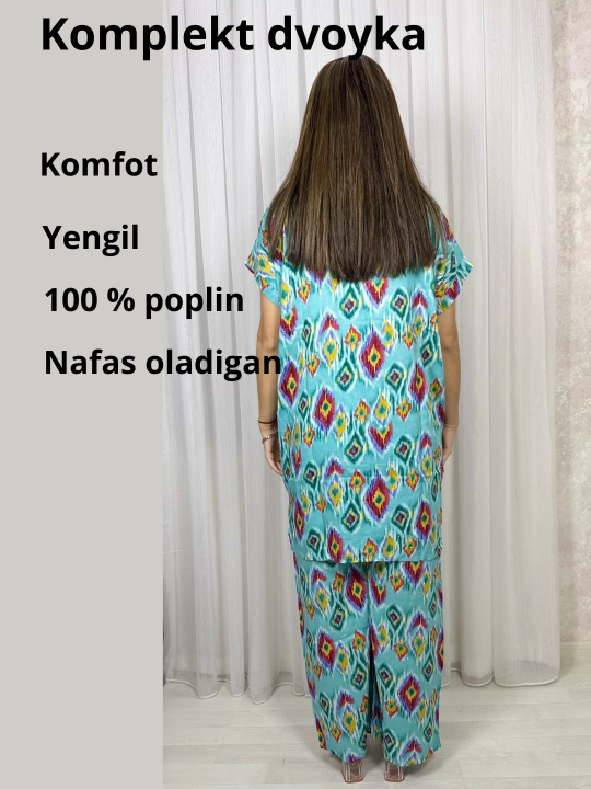Ayollar kostyumi, oversize, tunika va shim, o‘lchami 46-52