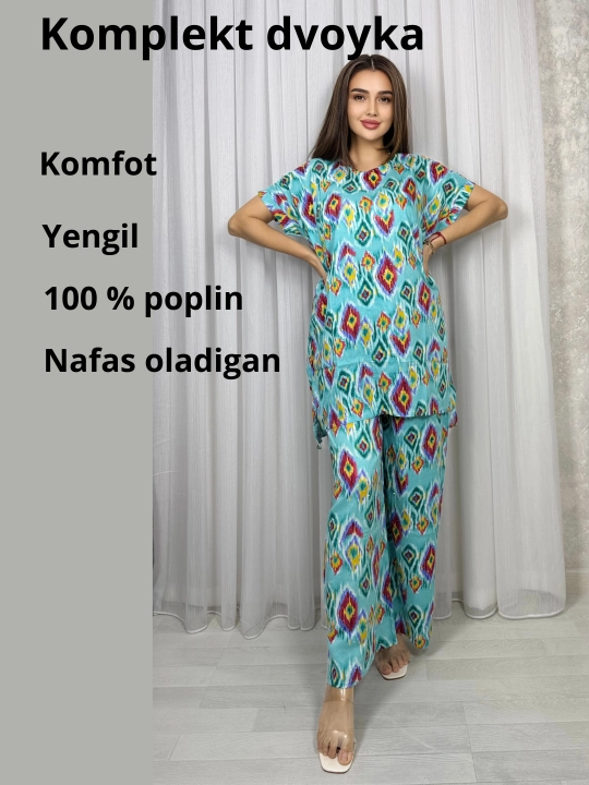 Ayollar kostyumi, oversize, tunika va shim, o‘lchami 46-52