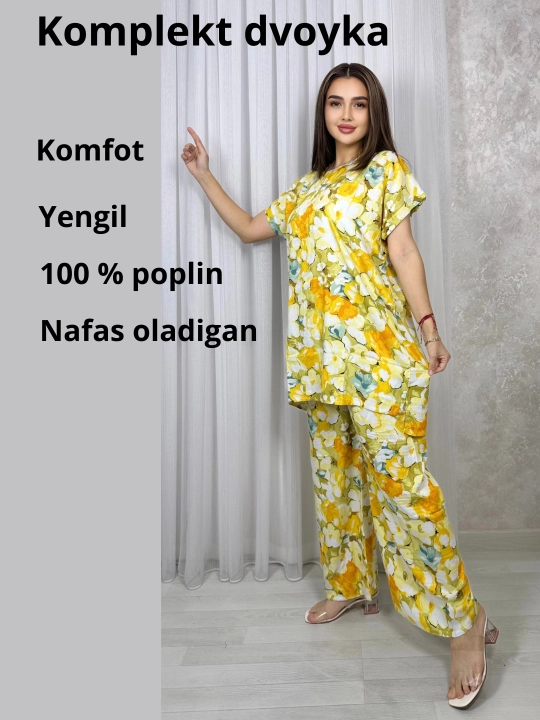 Ayollar kostyumi, oversize, tunika va shim, o‘lchami 46-52