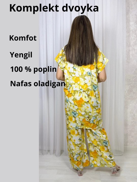 Ayollar kostyumi, oversize, tunika va shim, o‘lchami 46-52