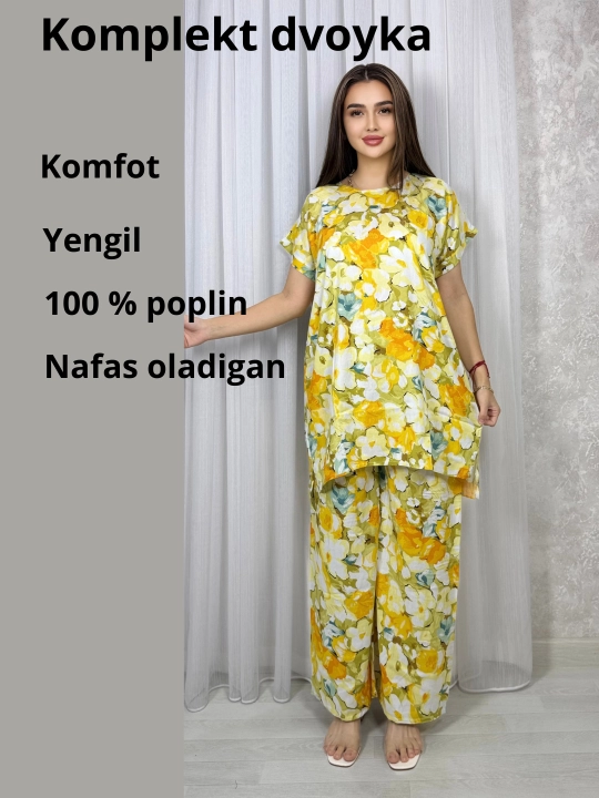 Ayollar kostyumi, oversize, tunika va shim, o‘lchami 46-52