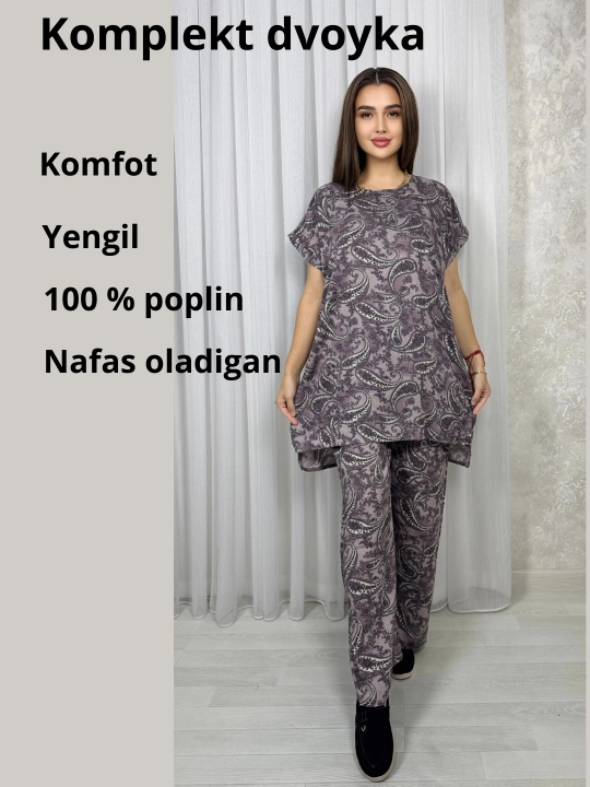 Ayollar kostyumi, oversize, tunika va shim, o‘lchami 46-52