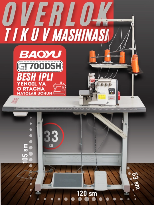 BAOYU GT-700D-5 sanoat tikuv mashinasi, 5 ipli overlok, energiya tejovchi motor - 
