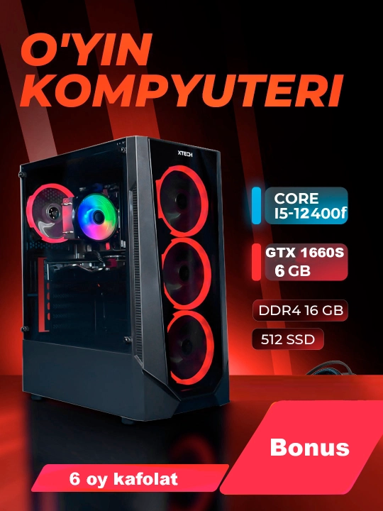 Core i5 12400F o‘yin kompyuteri, 16GB DDR4, 512 GB SSD NVMe, RTX5050 8GB, RTX3060 12GB