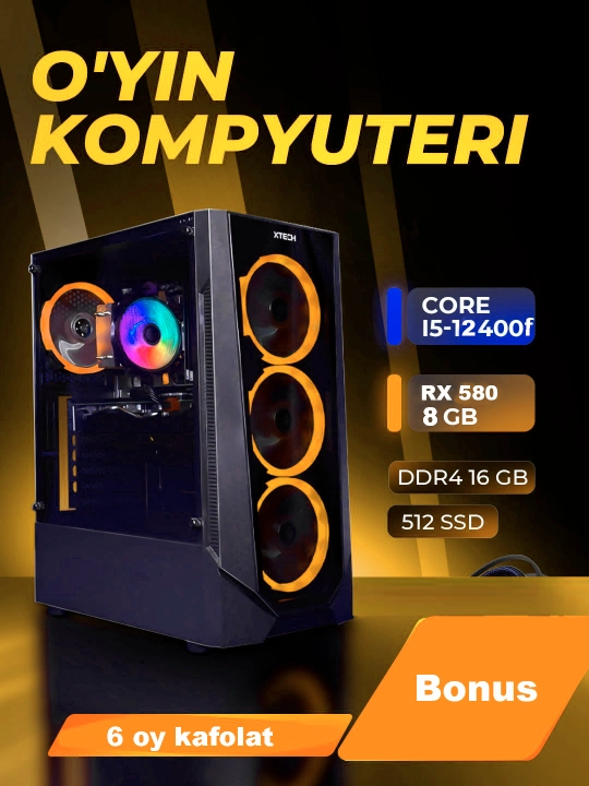Core i5 12400F o‘yin kompyuteri, 16GB DDR4, 512 GB SSD NVMe, RTX5050 8GB, RTX3060 12GB