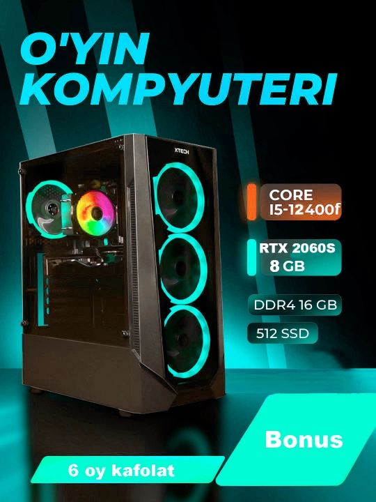 Core i5 12400F o‘yin kompyuteri, 16GB DDR4, 512 GB SSD NVMe, RTX5050 8GB, RTX3060 12GB
