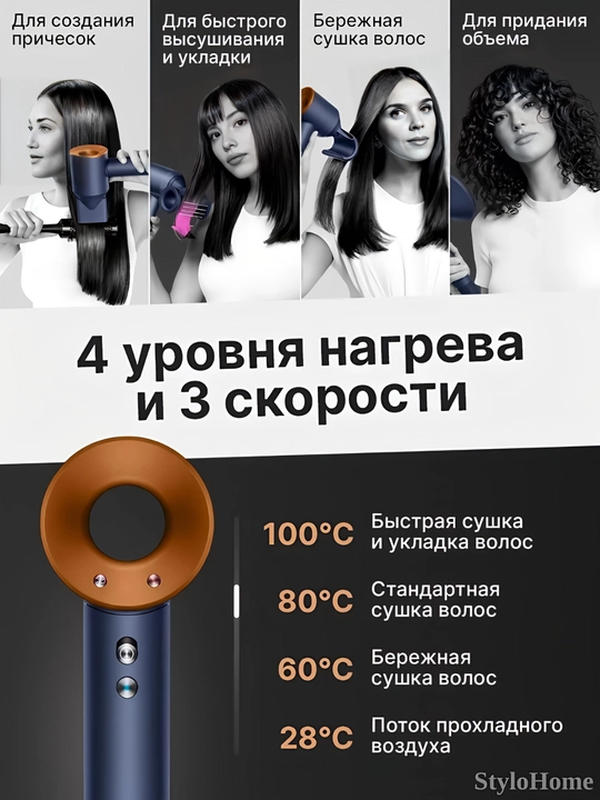 Фен для волос, профессиональный стайлер для сушки и укладки, с насадками, 5 в 1