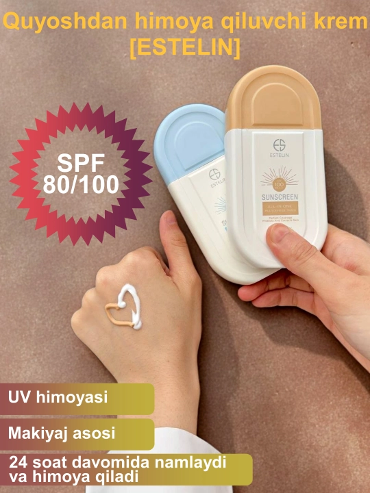Quyoshdan himoyalovchi krem, suvga chidamli, ESTELIN SPF 100, 80, 70, 50 PA+++ 100 ml, 50 ml