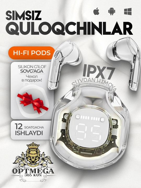 Simsiz quloqchinlar Hi-Fi Pods, sovg‘a g‘ilofi, iPhone va Android uchun, sensorli