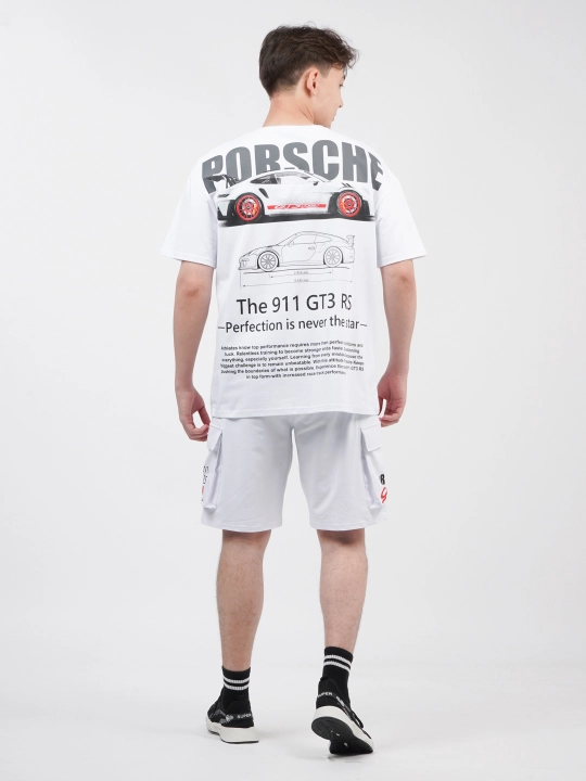 Uniseks oversize futbolka, qisqa yengli, printli, yoz va kuz uchun — PORSCHE