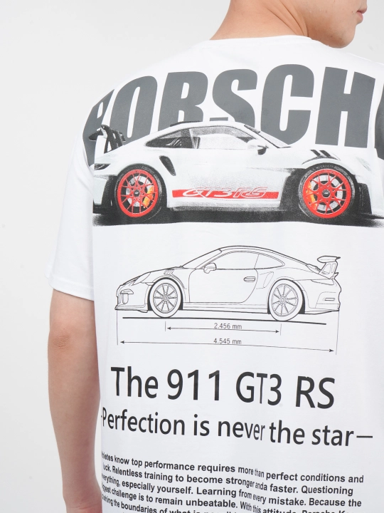 Uniseks oversize futbolka, qisqa yengli, printli, yoz va kuz uchun — PORSCHE
