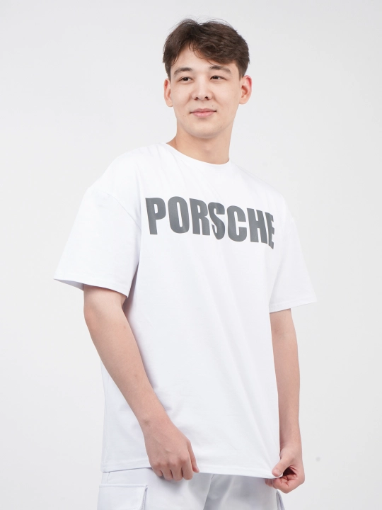 Uniseks oversize futbolka, qisqa yengli, printli, yoz va kuz uchun — PORSCHE