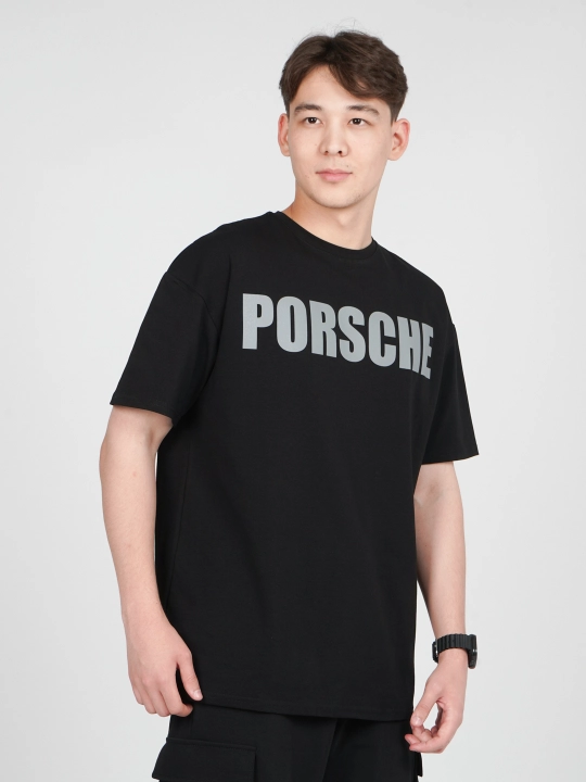 Uniseks oversize futbolka, qisqa yengli, printli, yoz va kuz uchun — PORSCHE