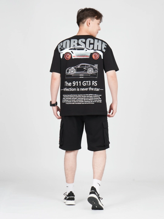Uniseks oversize futbolka, qisqa yengli, printli, yoz va kuz uchun — PORSCHE