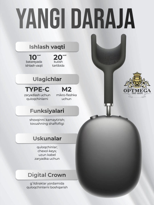 Simsiz quloqchinlar AI Max, 2, 2025 Bluetooth 5.1, to'liq o'lchamli mikrofonli Pods Max