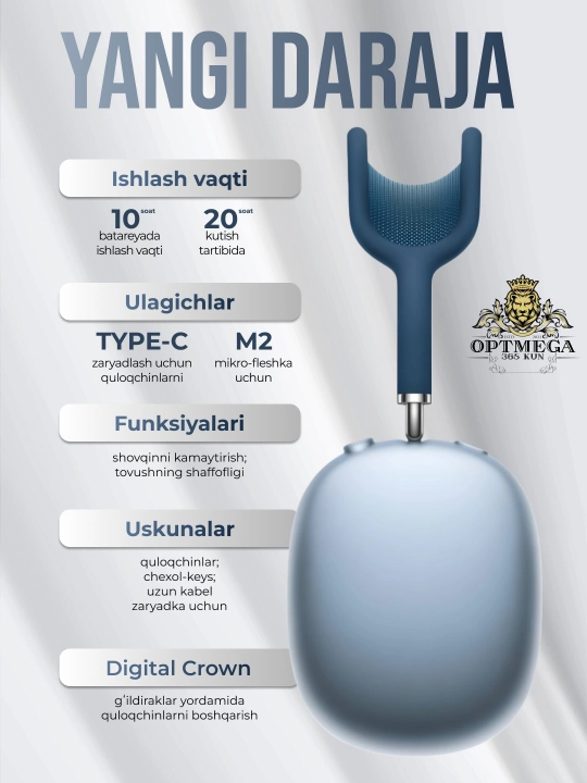 Simsiz quloqchinlar AI Max, 2, 2025 Bluetooth 5.1, to'liq o'lchamli mikrofonli Pods Max