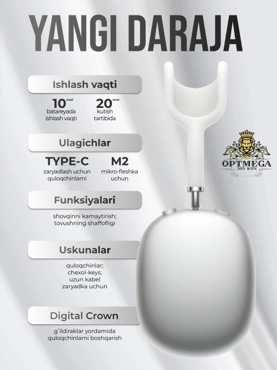Simsiz quloqchinlar AI Max, 2, 2025 Bluetooth 5.1, to'liq o'lchamli mikrofonli Pods Max