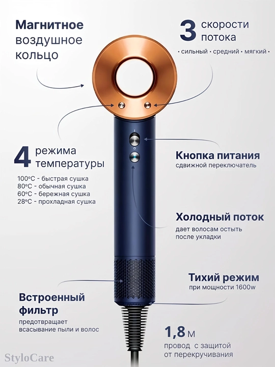 Фен для волос, профессиональный стайлер для сушки и укладки, с насадками, 5 в 1