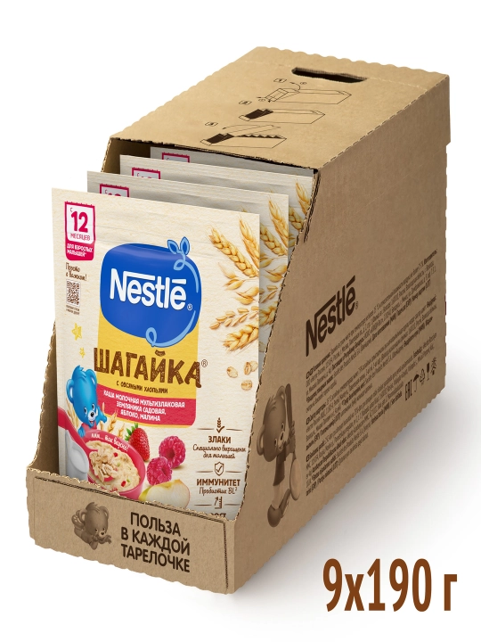 NESTLÉ®  SHAGAYKA® bo'tqasi ", malina, olma va zemlyanika bilan" 12 oydan boshlab, 190g
