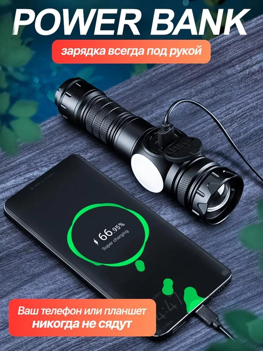 Qo‘l fonar LED, 5 rejim, PowerBank funksiyasi bilan