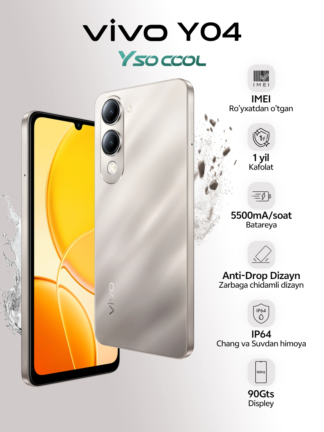 Смартфон Vivo Y04, 4/64 ГБ, 4/128 ГБ, IP64, 90 Гц, 5500 мА/ч за 1399000 сум со скидкой 22%. Uzum Market