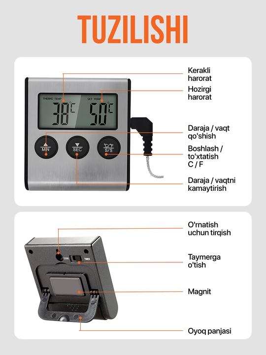 Oshxona elektron termometri, go'sht o'lchagich bilan, oshxona raqamli