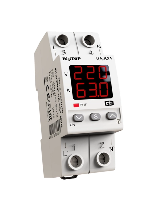 DigiTOP VA-32A M2R (32A, 40A, 50A, 63A) DIN-reykaga kuchlanish relesi (+tok nazorati) - 