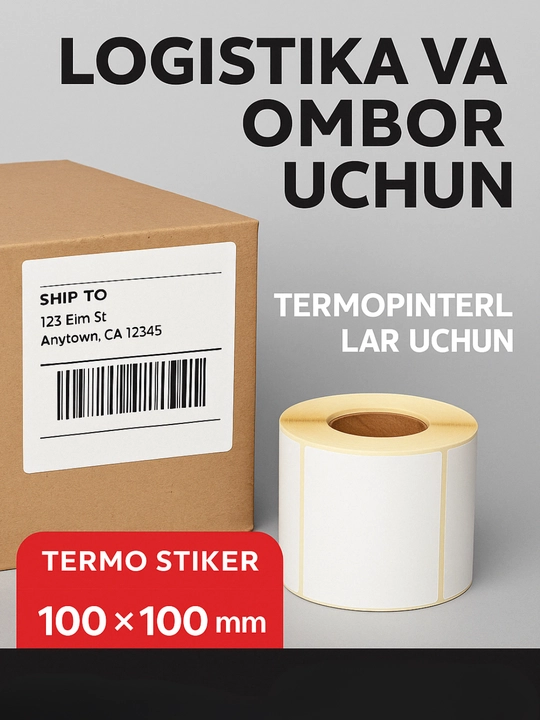 Termo stiker 100x100 mm – 1 rulon, katta qutilarga mo‘ljallangan, termoprinter uchun