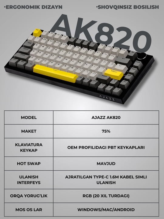Mexanik O‘yin Klaviaturasi AJAZZ AK820, Simli USB Type-C, 75% 82 Tugmali, Hot-Swap