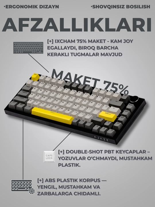 Mexanik O‘yin Klaviaturasi AJAZZ AK820, Simli USB Type-C, 75% 82 Tugmali, Hot-Swap