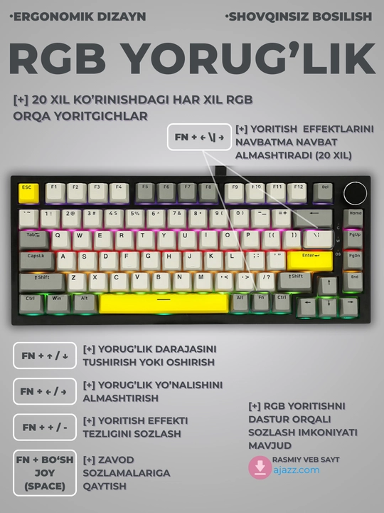 Mexanik O‘yin Klaviaturasi AJAZZ AK820, Simli USB Type-C, 75% 82 Tugmali, Hot-Swap