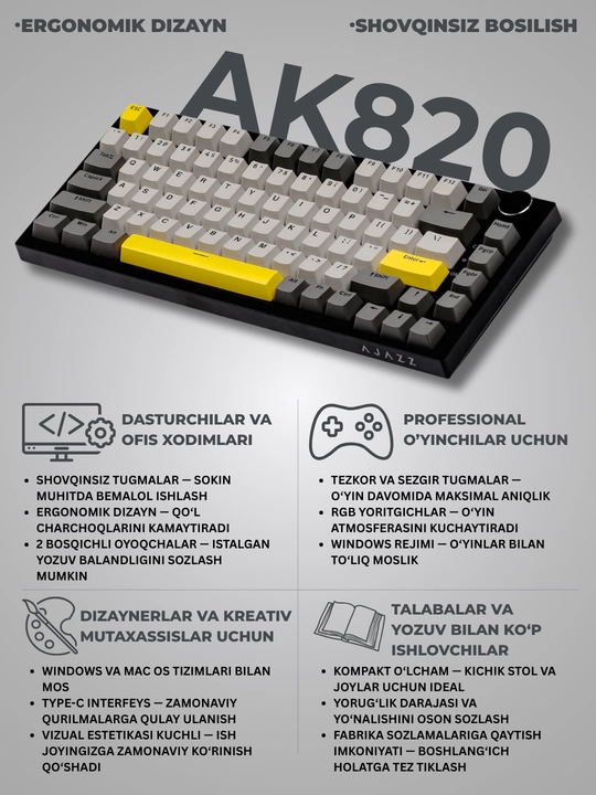 Mexanik O‘yin Klaviaturasi AJAZZ AK820, Simli USB Type-C, 75% 82 Tugmali, Hot-Swap