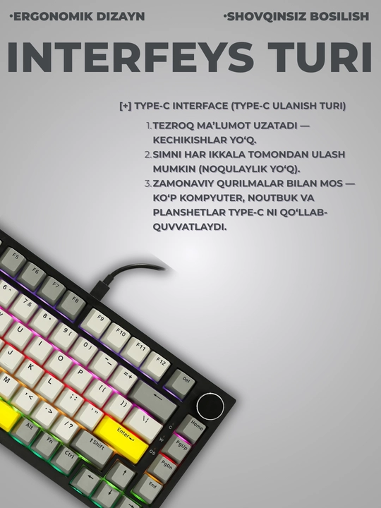 Mexanik O‘yin Klaviaturasi AJAZZ AK820, Simli USB Type-C, 75% 82 Tugmali, Hot-Swap