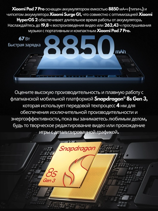 Планшет Xiaomi Pad 7 Pro,11.2"IPS,144Гц,Qualcomm Snapdragon 8s Gen3,8850 мАч, 50 МП + 2 МП