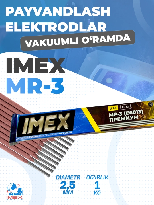 MR-3 IMEX elektrodlari, 1 kg, 2,5 mm diametr, vakuumli qadoq MEZ - 
