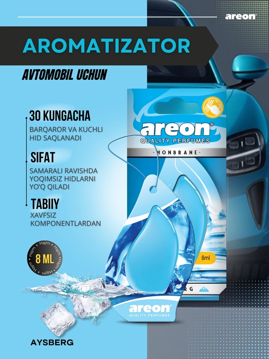 Avtomobil aromatizatori Areon Monbrane, 8 ml — avtomobil uchun barqaror va zamonaviy hid